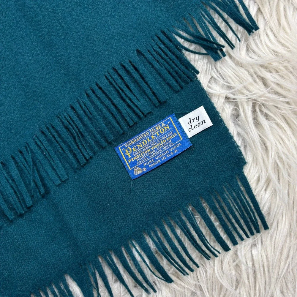 Pendelton Unisex Wool Scarf Fringe Hem Wool Teal Green Artisan Classic Preppy